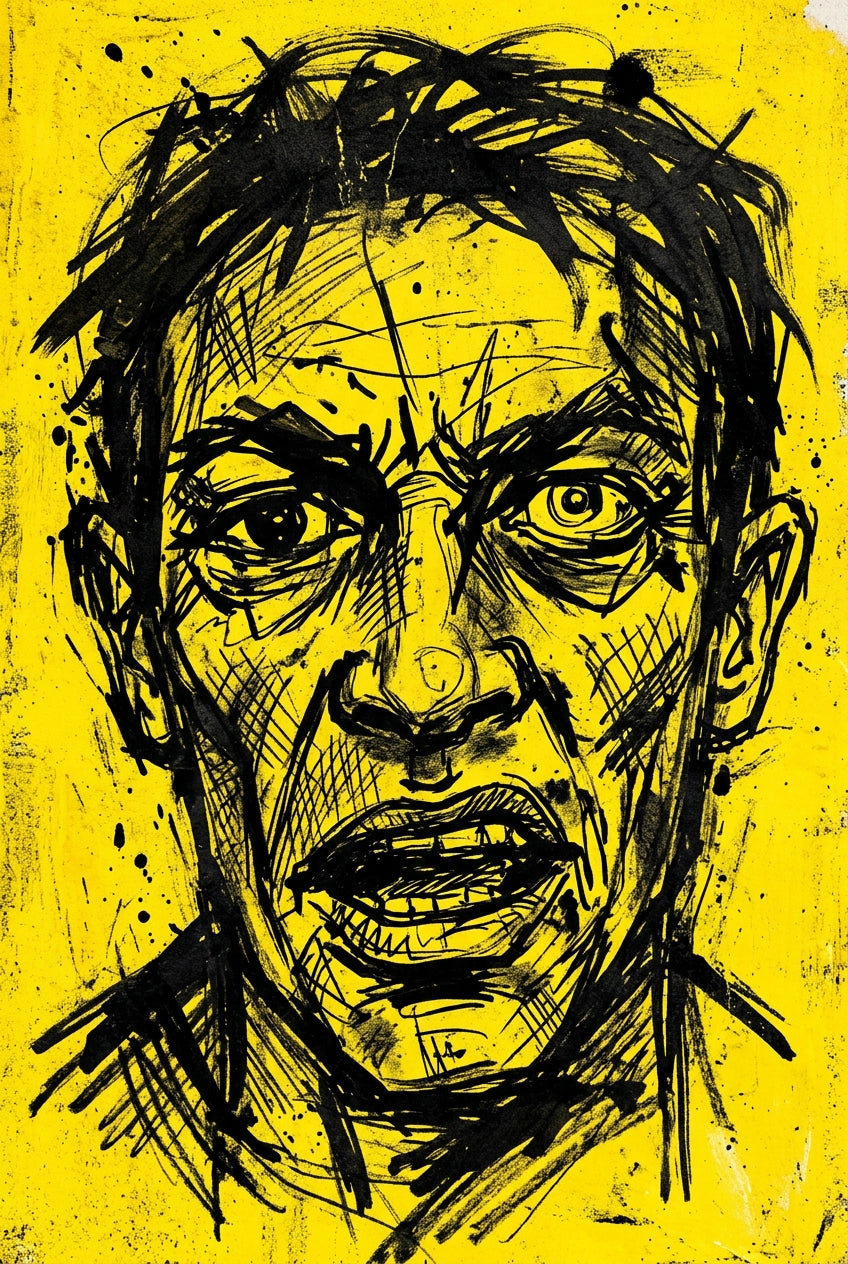 Poster Portrait expressionniste jaune, trait noir brut