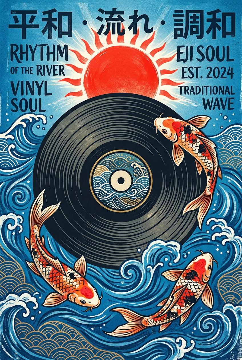 Poster Vinyle Japonais, affiche Carpes Koï et Vagues