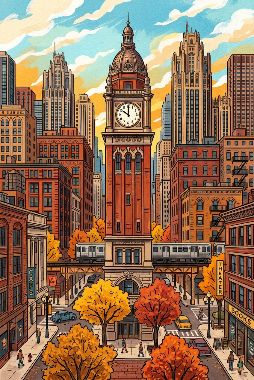 Poster Chicago en automne, affiche tour de l'horloge