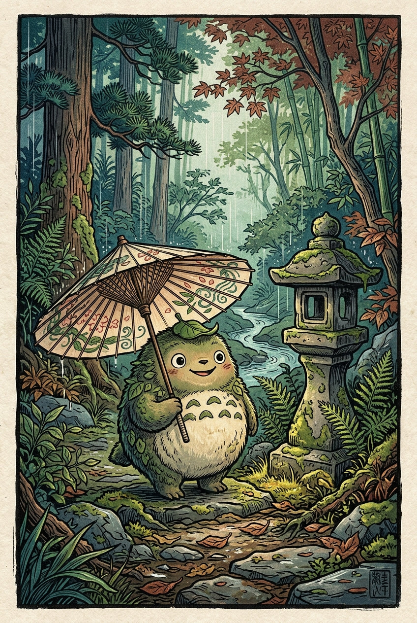 Poster Totoro Japonais, illustration forêt et lanterne