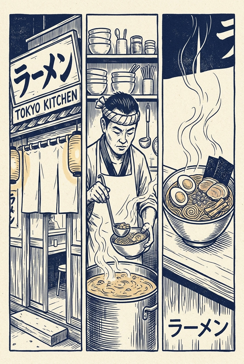 Affiche Ramen Tokyo Kitchen, poster style triptyque