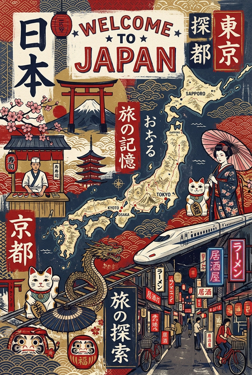 Poster du Japon vintage, carte et monuments nippons