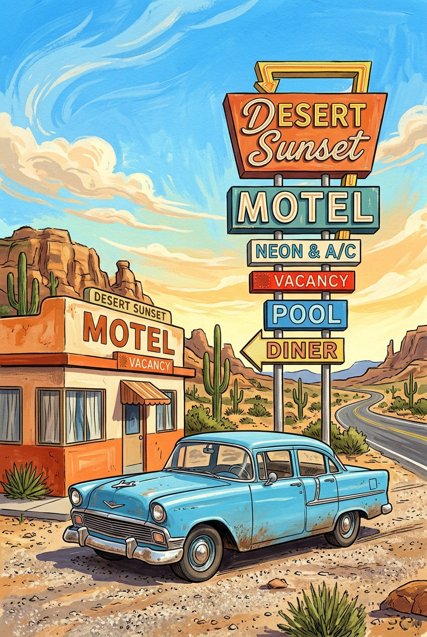 Affiche Desert Sunset Motel, poster voiture vintage
