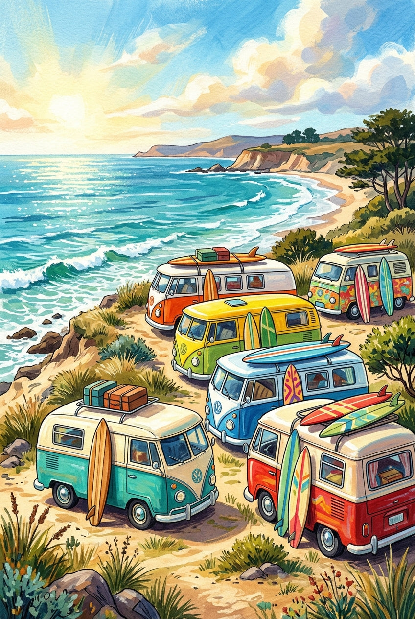 Poster Vans de surf, affiche combis sur la falaise