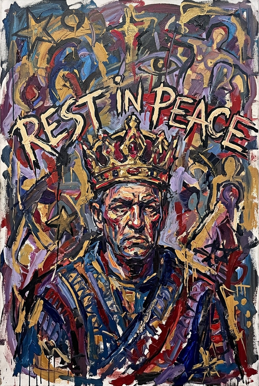 Poster du Roi Rest in Peace, affiche couronne dorée