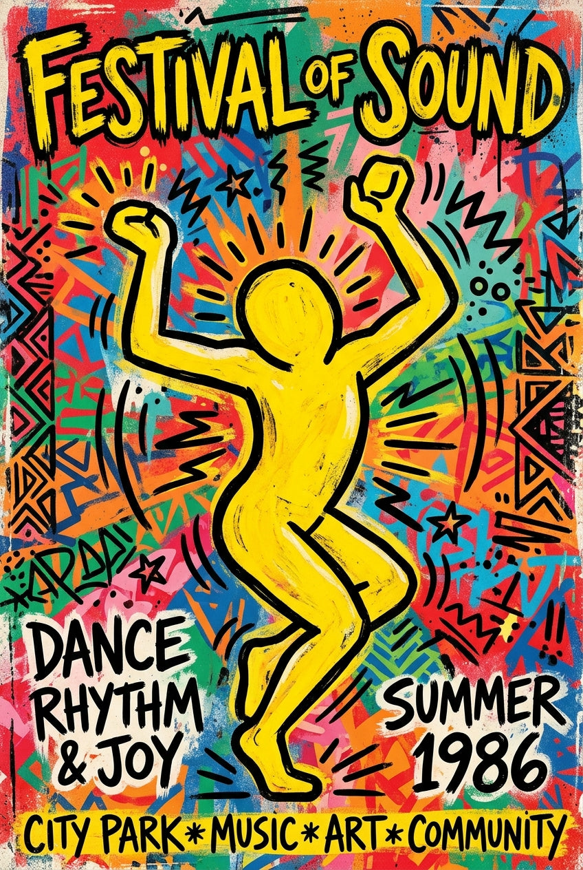 Poster Festival de musique 1986, affiche street art jaune