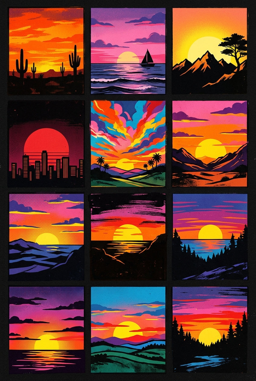 Poster Couchers de soleil, 12 illustrations colorées
