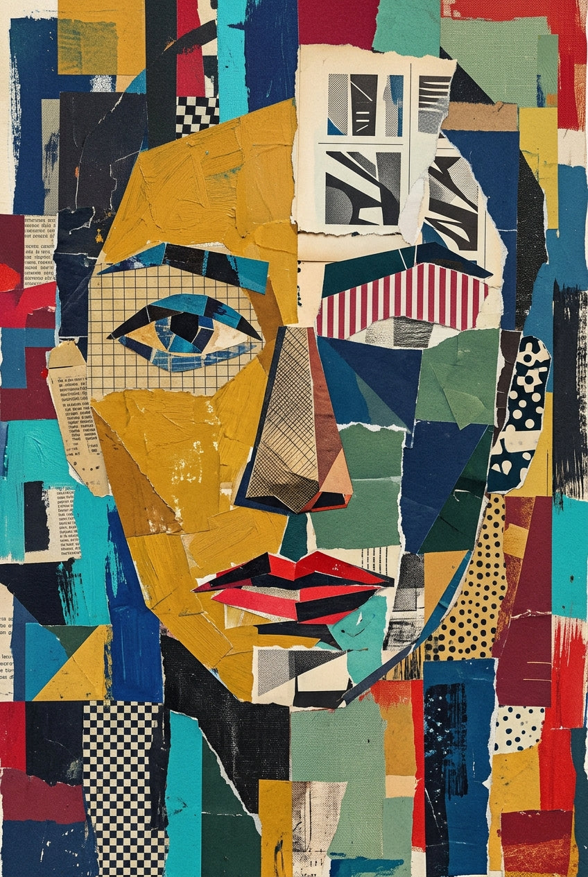 Poster portrait collage abstrait, textures et damiers