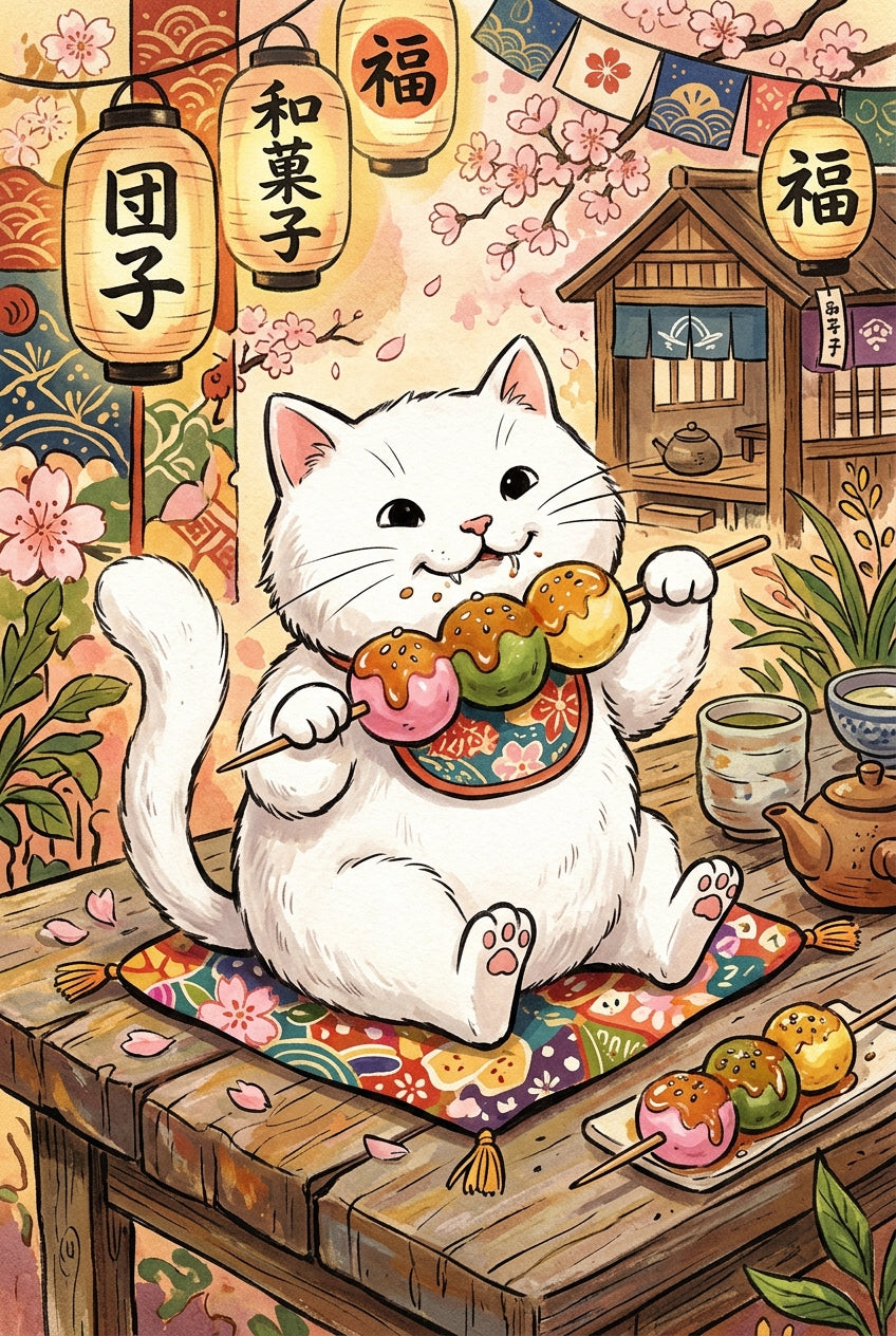 Poster chat japonais, chat mangeant des dango au salon