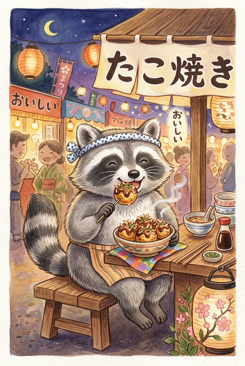 Poster Raton laveur Takoyaki, affiche style aquarelle