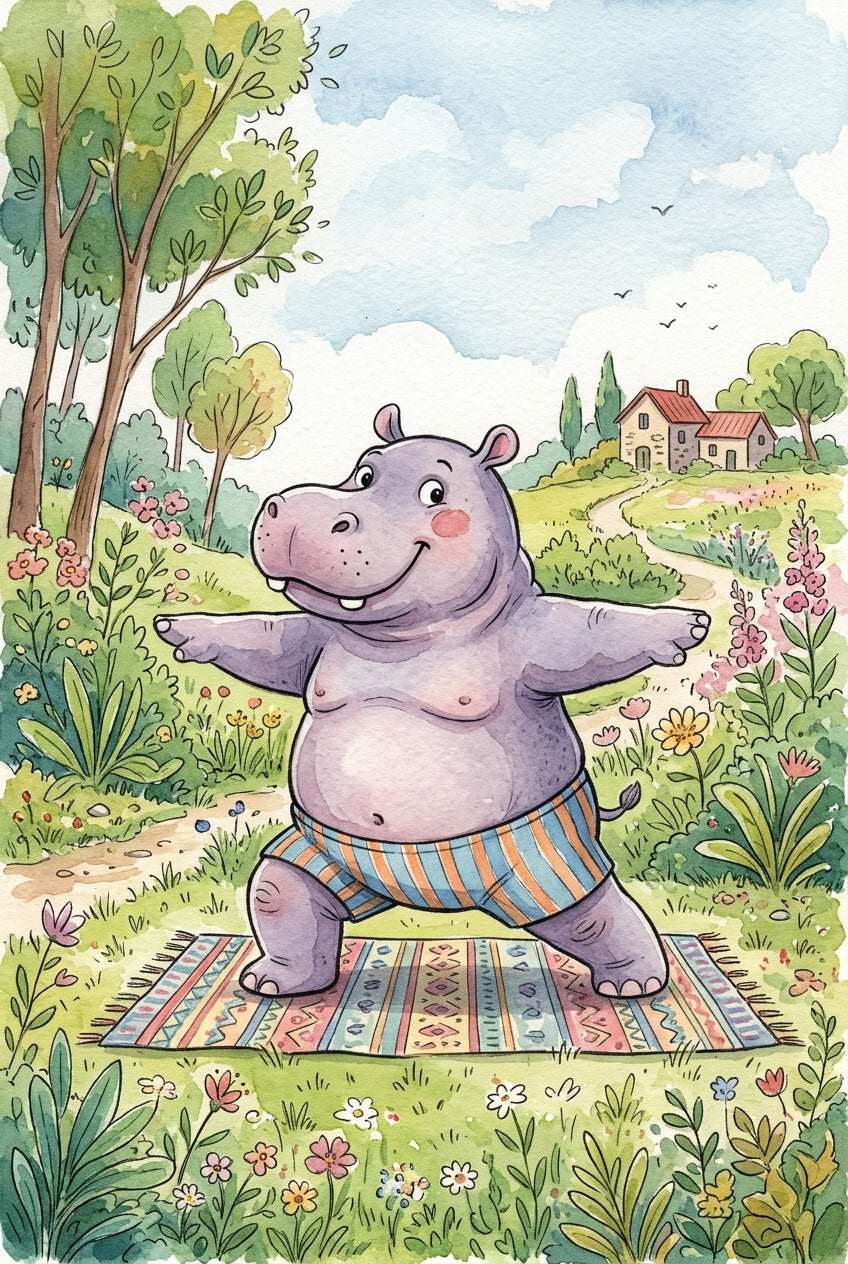 Poster Hippopotame yoga, affiche aquarelle zen