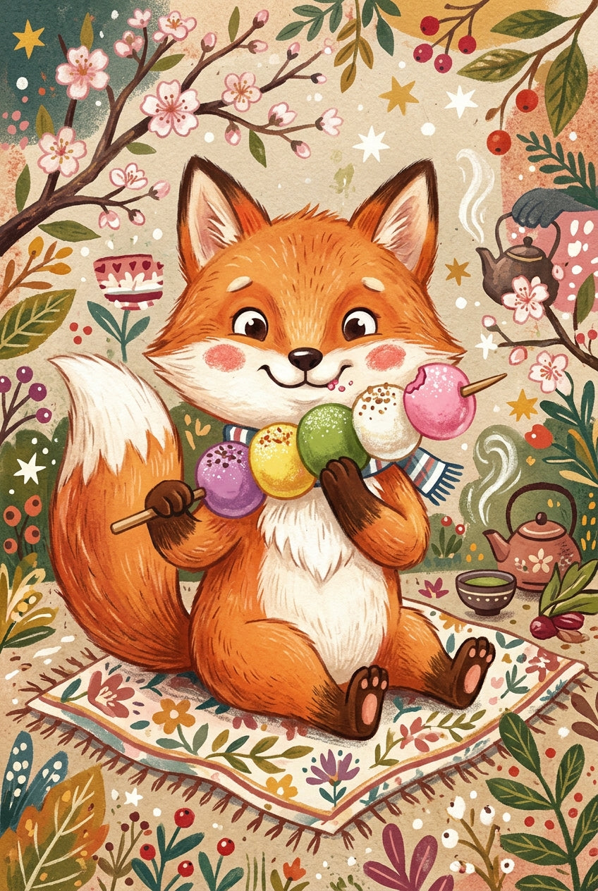 Poster Renard japonais, affiche avec dango colorés