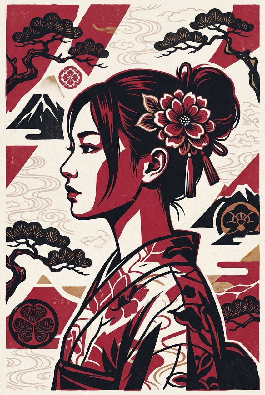 Poster Japonaise au Mont Fuji, style estampe rouge