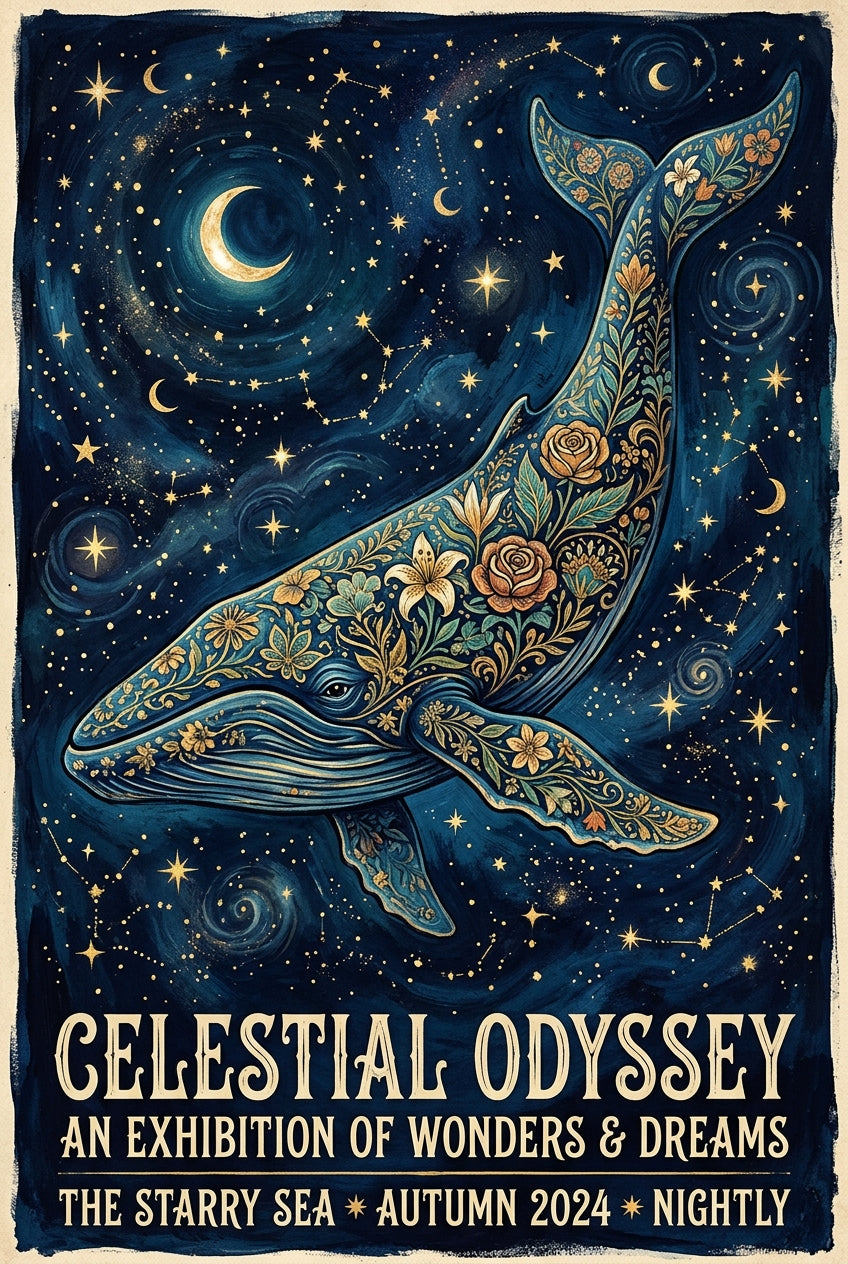 Affiche de la Baleine céleste, poster fleurs dorées