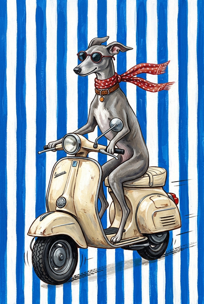 Affiche Lévrier sur scooter, poster écharpe à pois