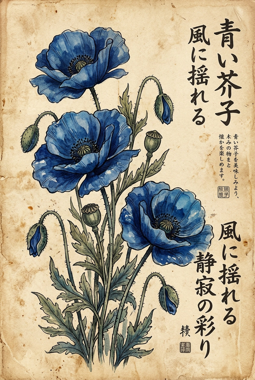Poster Coquelicots bleus japonais, calligraphie japonaise