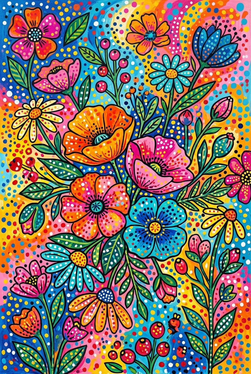 Poster Bouquet de fleurs, affiche style pointilliste