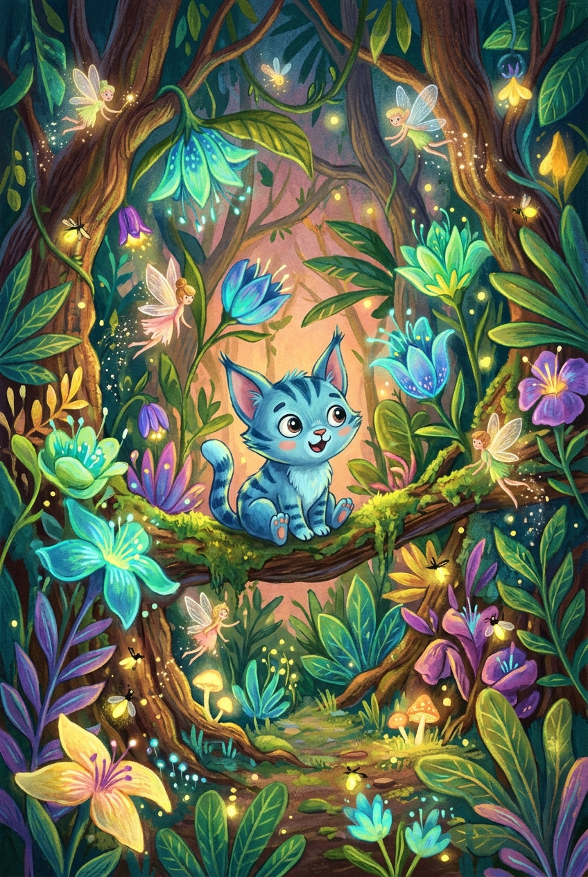 Affiche Chat bleu enchanté, poster forêt fées