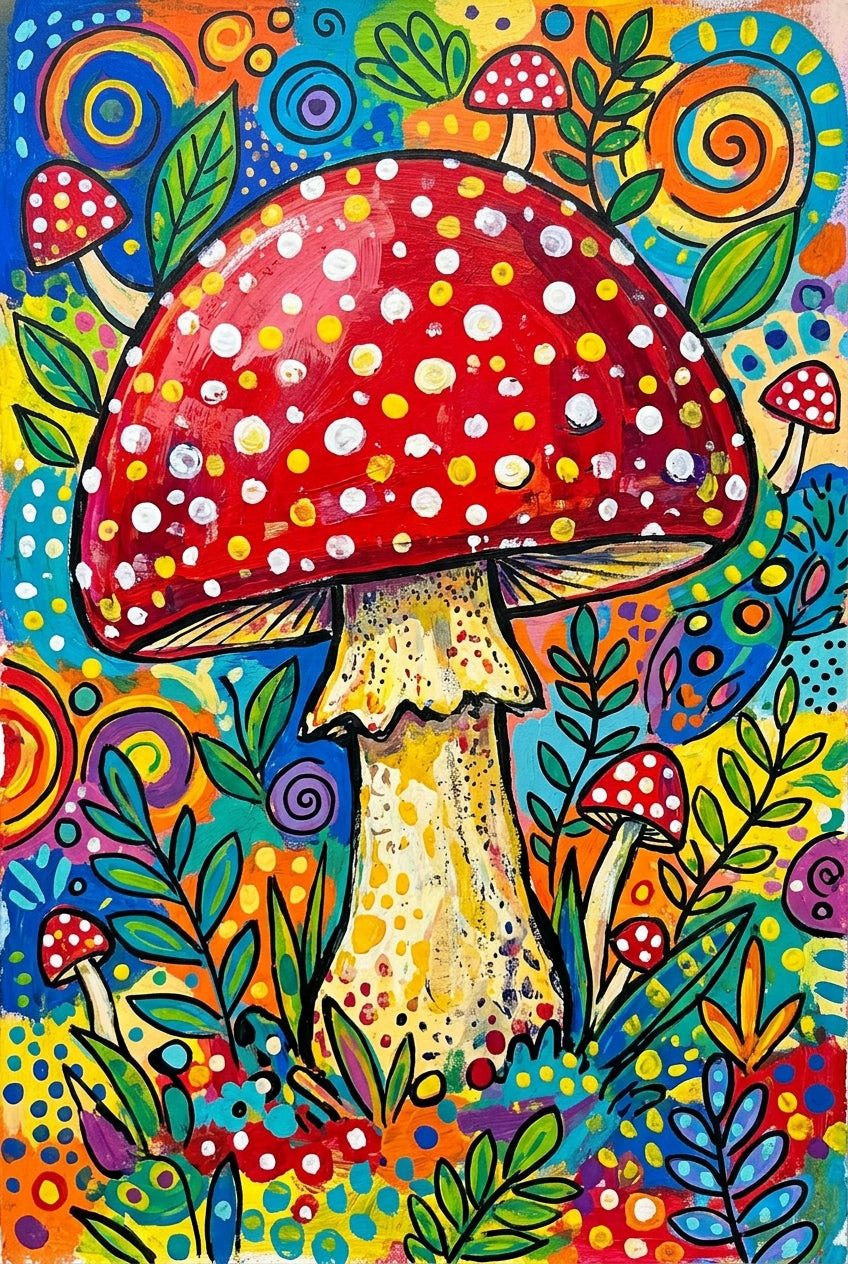 Poster Champignon coloré, motifs pois et spirales