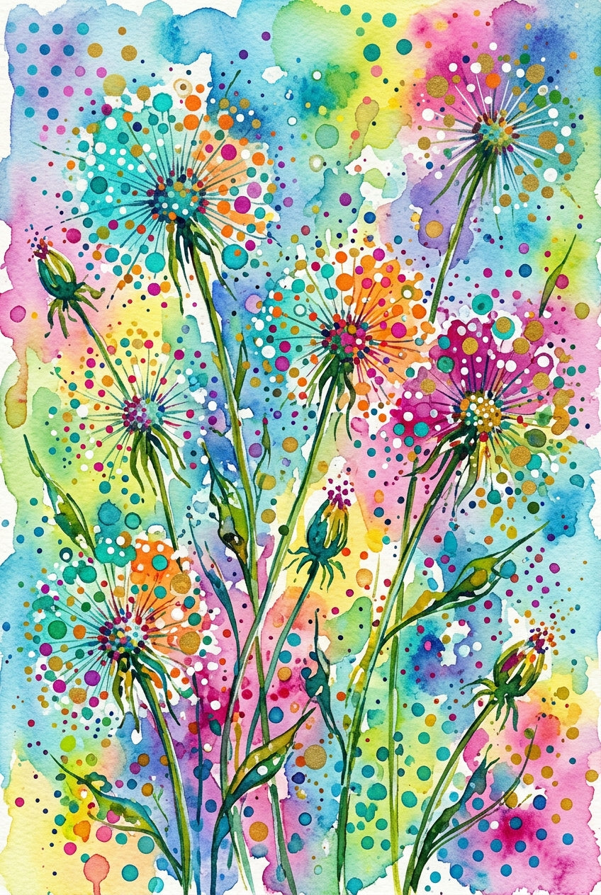 Affiche pissenlits colorés, poster fleurs multicolores