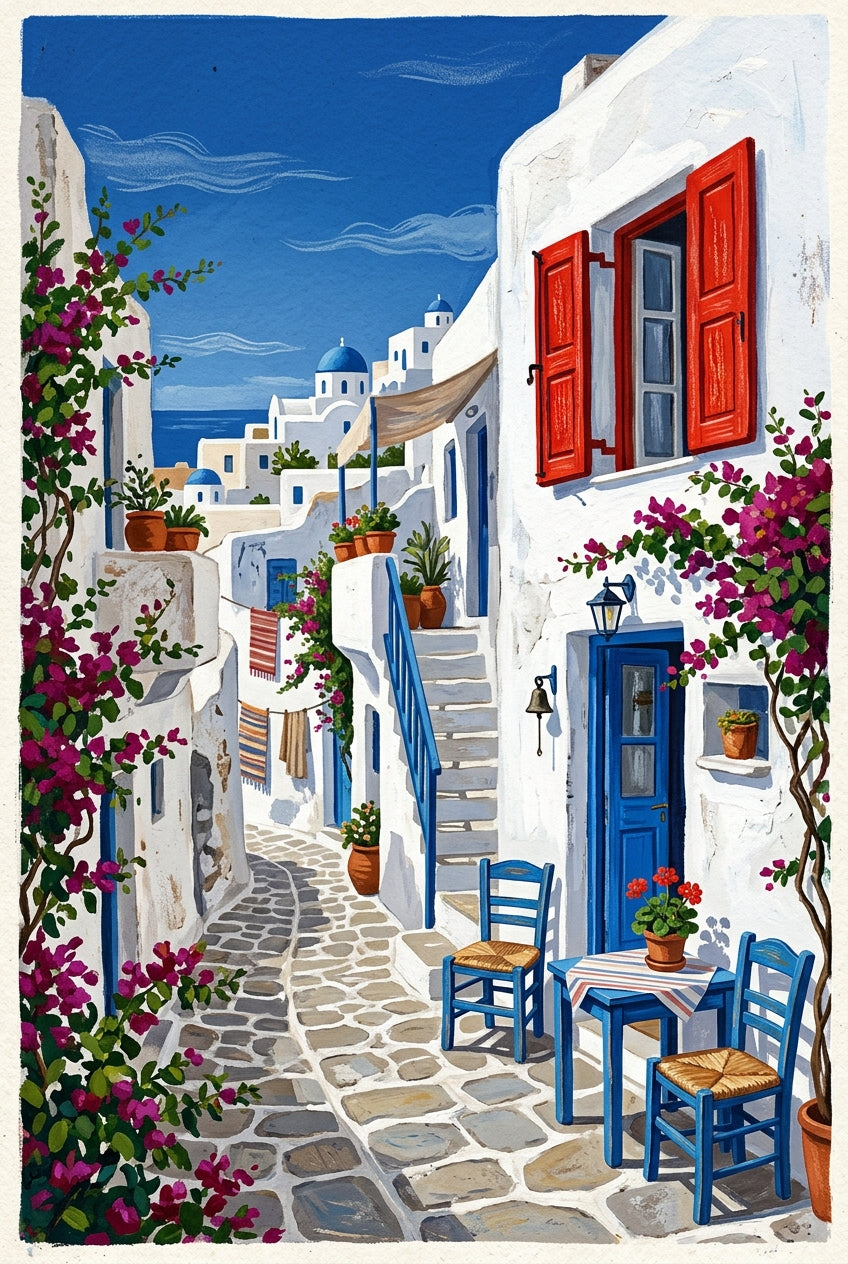 Affiche de Santorin, poster village aux bougainvilliers