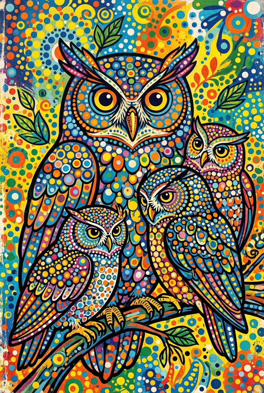 Poster Hiboux colorés, affiche style mosaïque