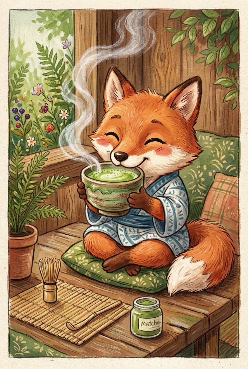 Affiche Renard au matcha, poster illustration déco zen