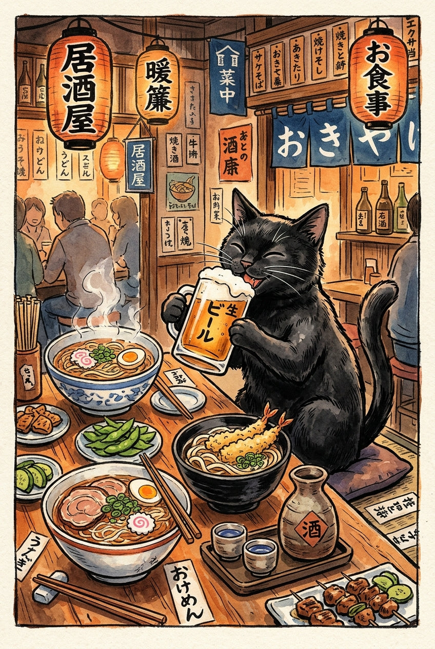Poster Chat Izakaya, chat noir avec bière et ramen