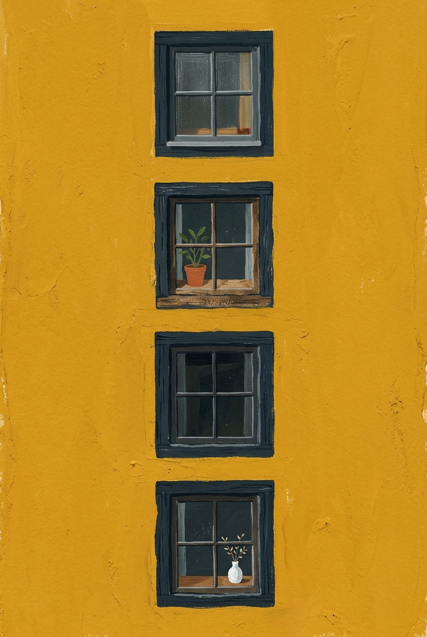 Poster Façade jaune, fenêtres et plantes en pot