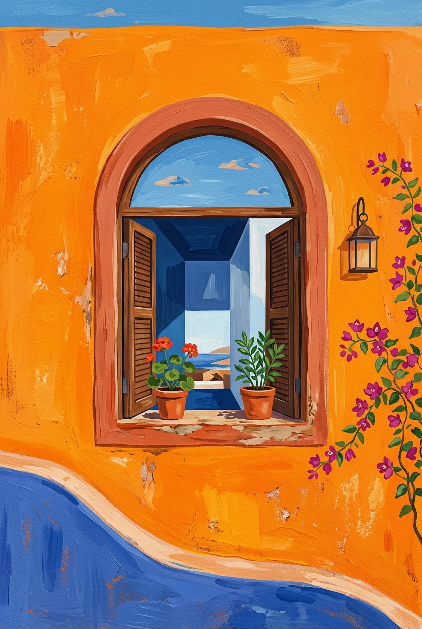Affiche Fenêtre méditerranéenne, poster mur orange