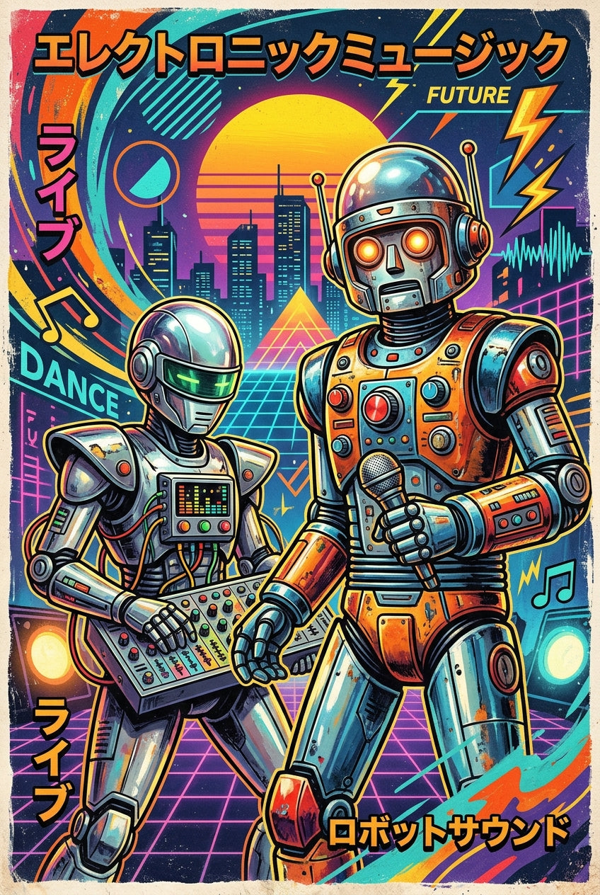 Affiche Robots rétro, poster synthwave et néon