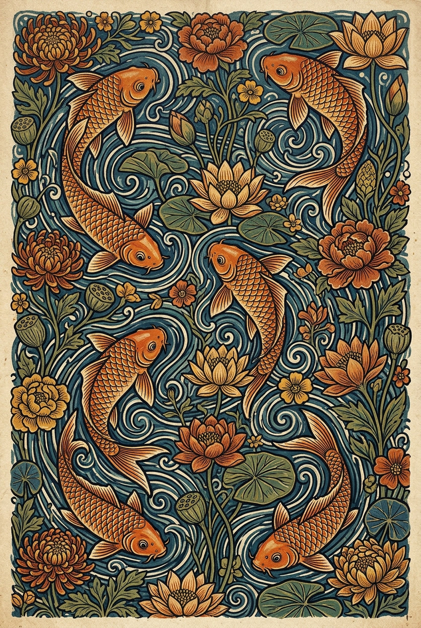 Affiche Carpes Koï japonaises, poster fleurs de lotus