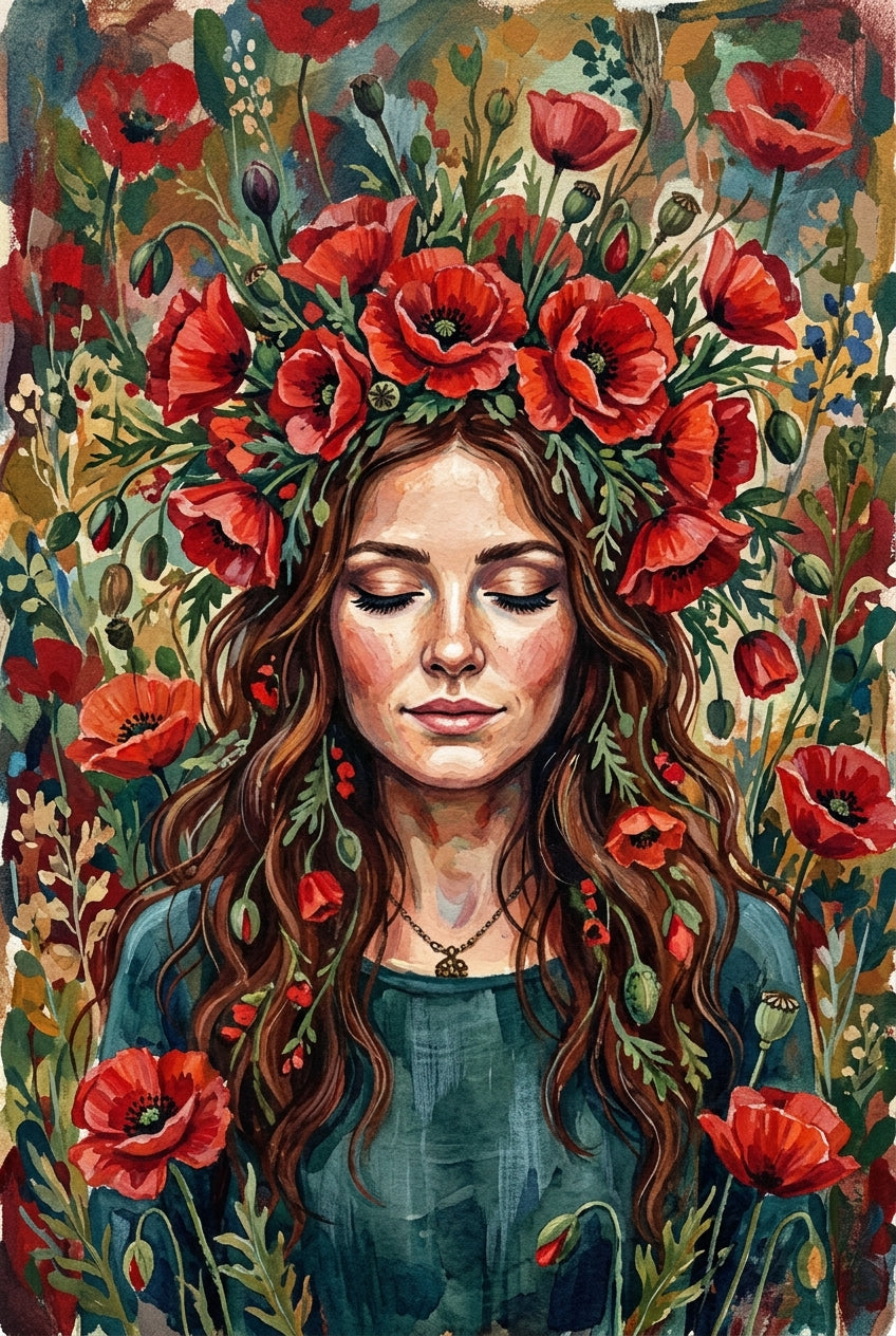 Poster Femme aux coquelicots, couronne de fleurs