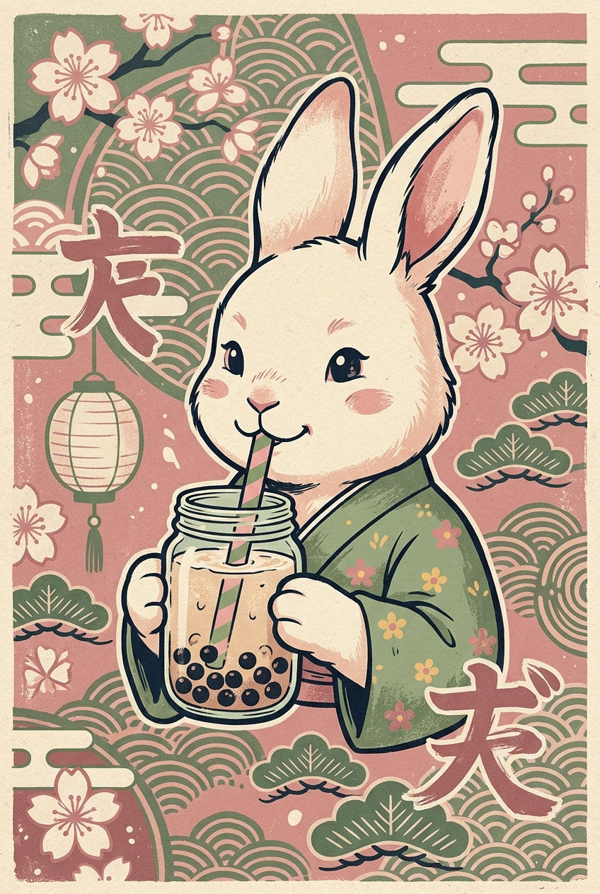 Affiche Lapin au Bubble Tea, poster style Japonais