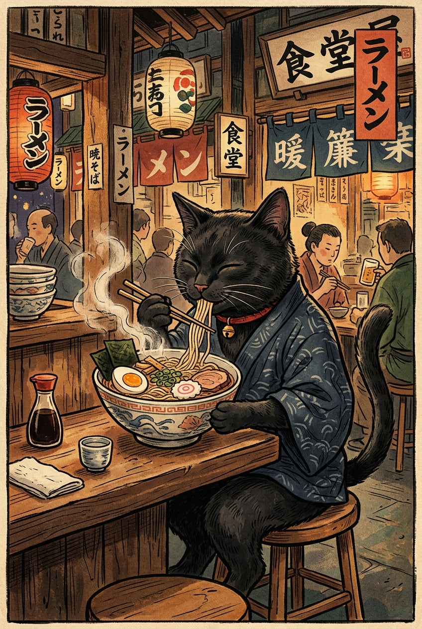 Poster Chat Ramen Japonais, affiche chat noir en kimono