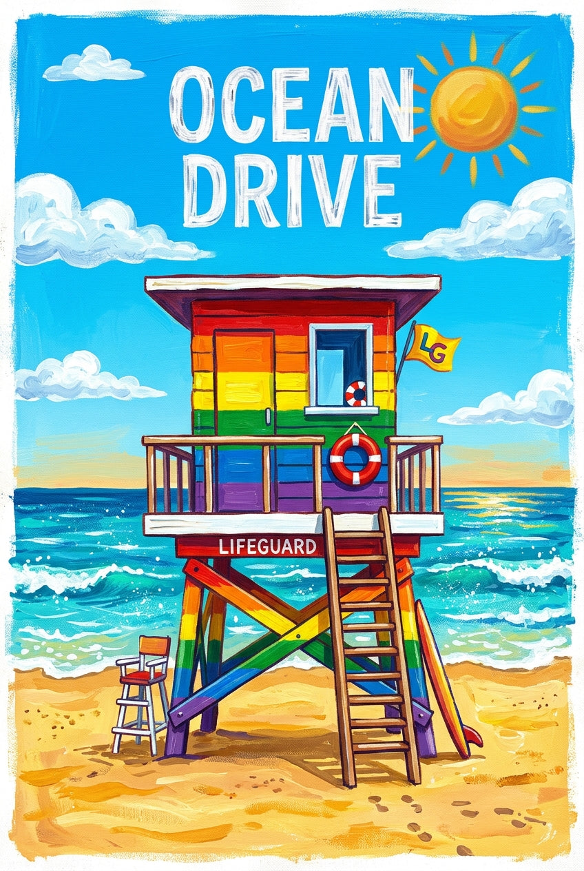 Poster Ocean Drive à Miami, affiche cabane arc-en-ciel