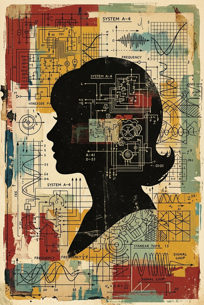 Poster de la femme aux schémas techniques, style industriel