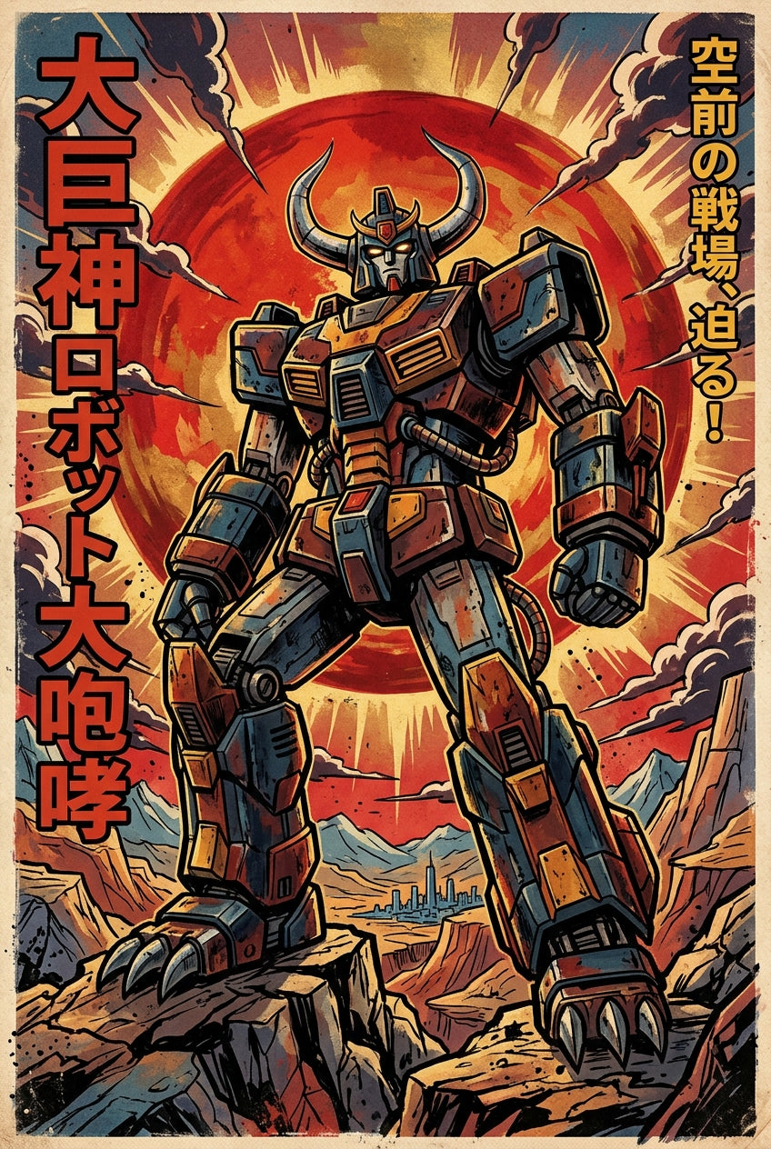 Affiche Robot japonais vintage, poster soleil rouge