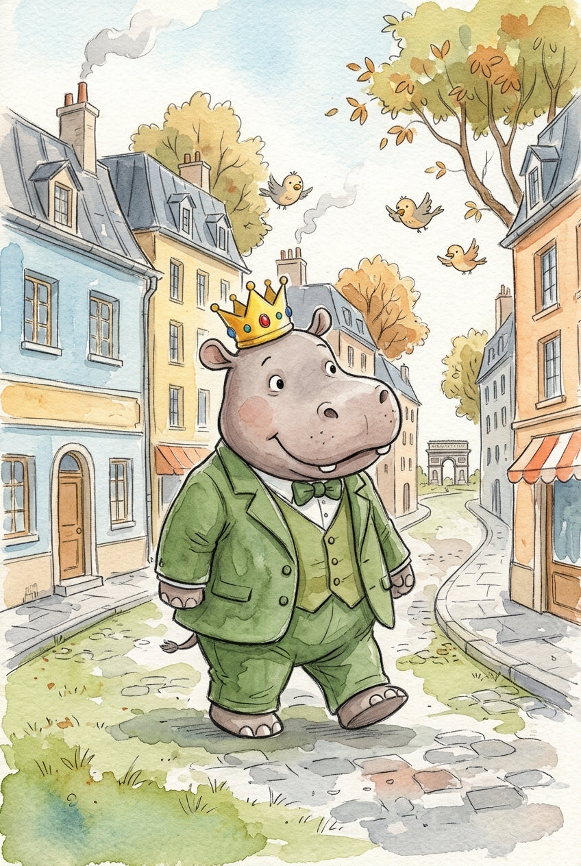 Affiche d'un hippopotame à Paris, poster costume vert