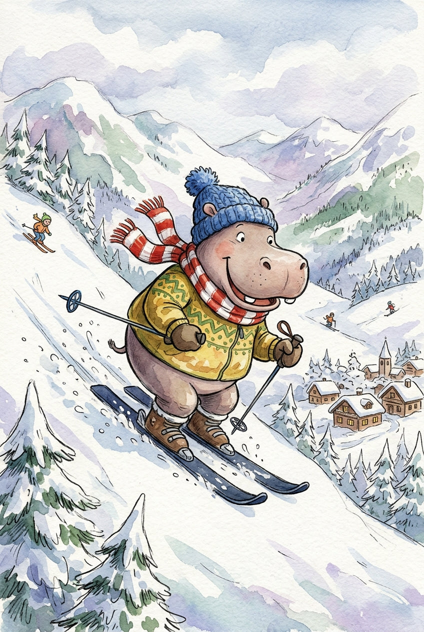 Affiche d'hippopotame au ski, poster style aquarelle