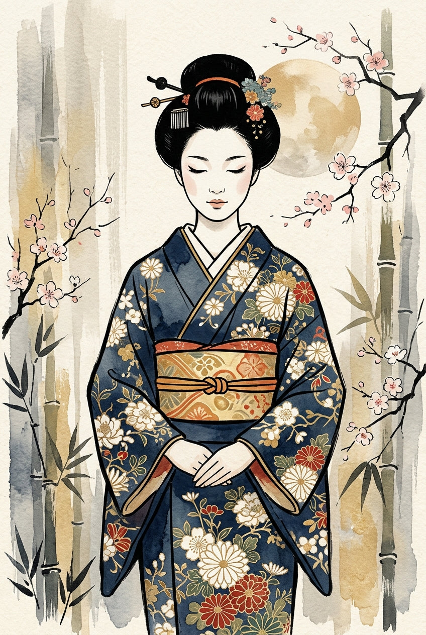 Poster Geisha japonaise, affiche cerisier et bambou