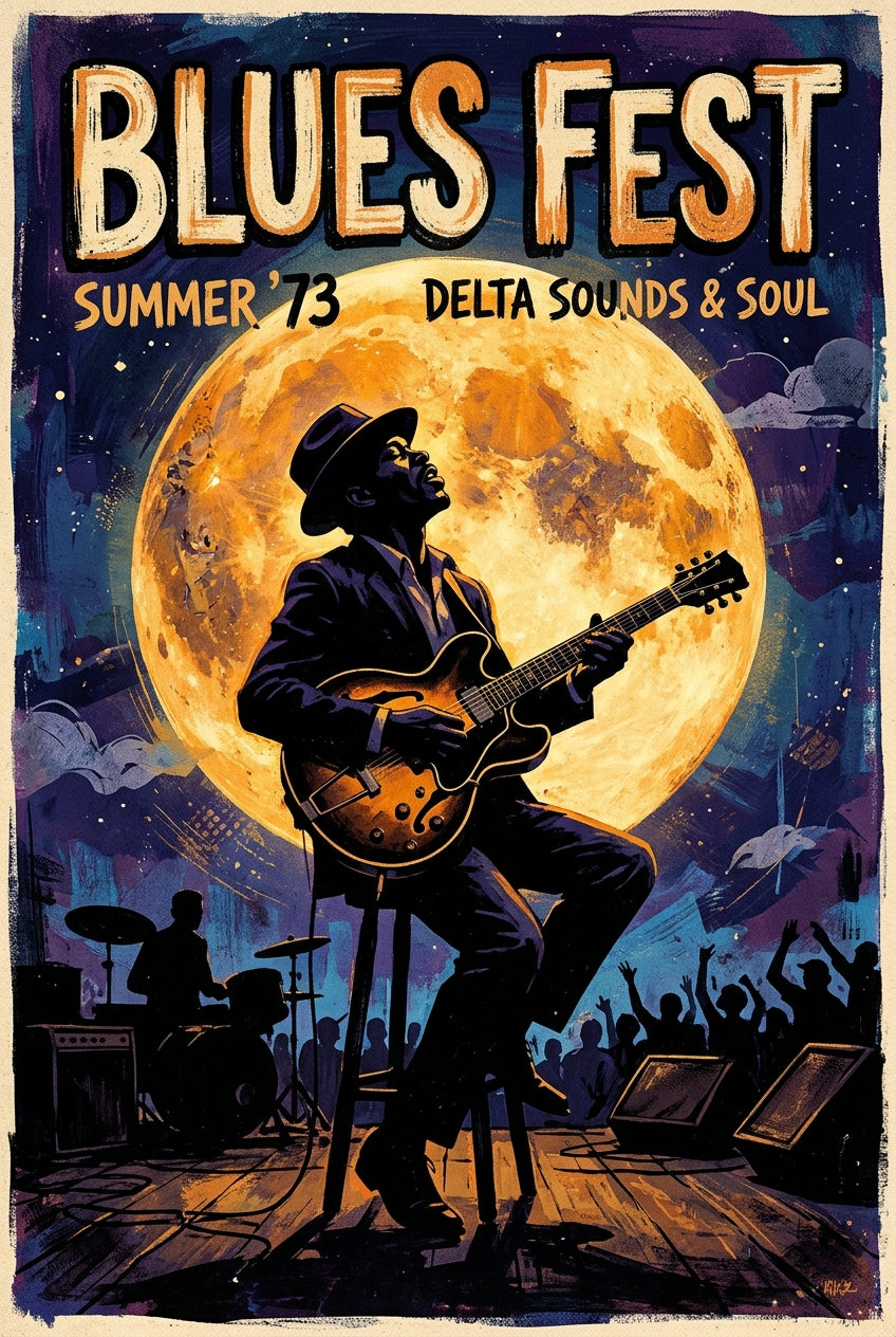 Poster Blues Fest 1973, affiche guitare et lune géante