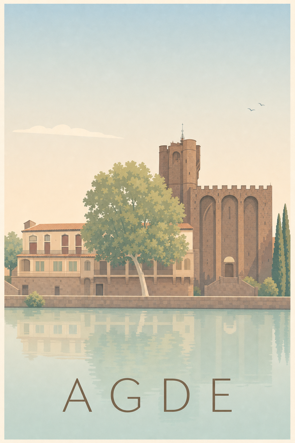 Affiche d'Agde, poster de la cathédrale Saint-Étienne au bord de l'Hérault