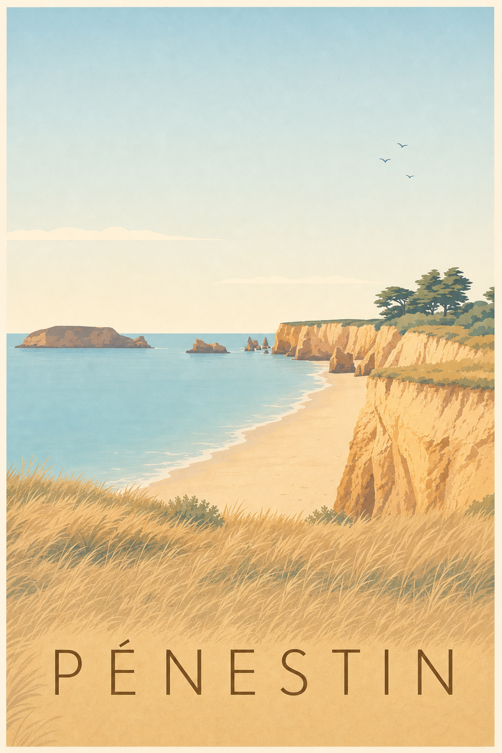 Affiche Pénestin, poster illustré des falaises ocre