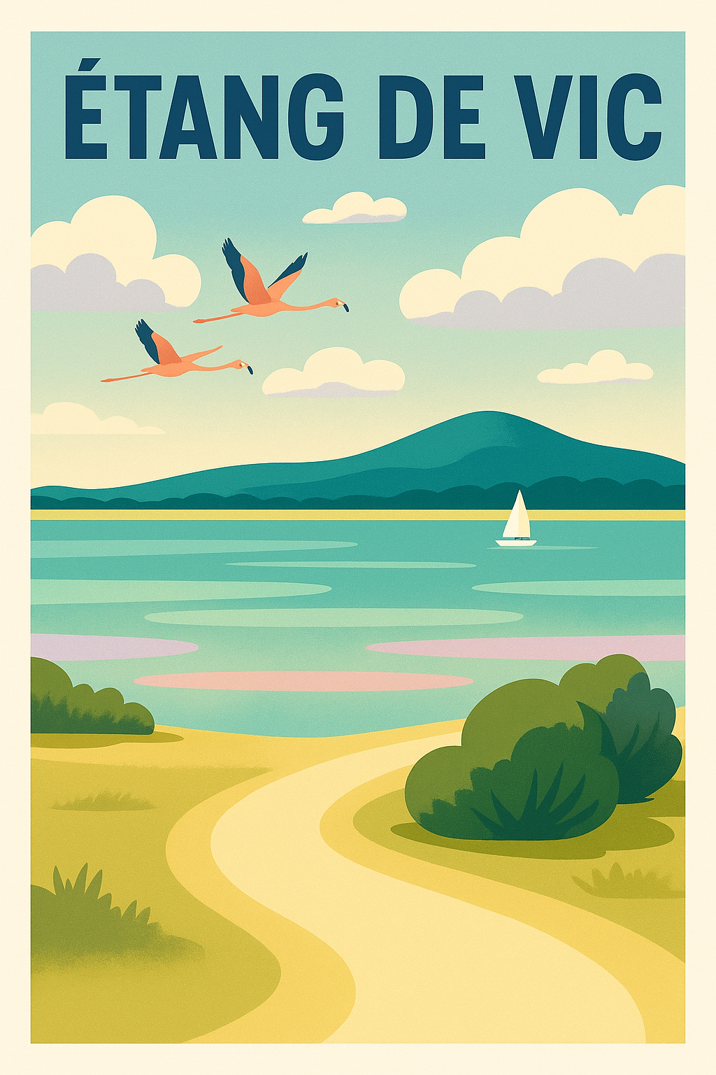 Affiche Étang de Vic, flamants roses et voilier | Afich