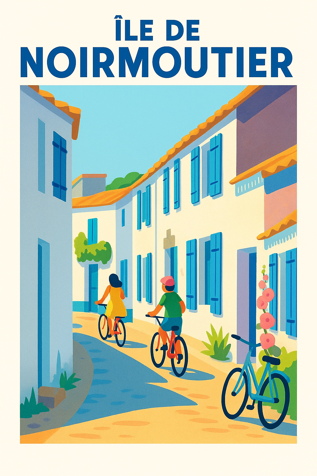 Affiche de Île de Noirmoutier - Évasion à vélo entre façades blanches et volets bleus