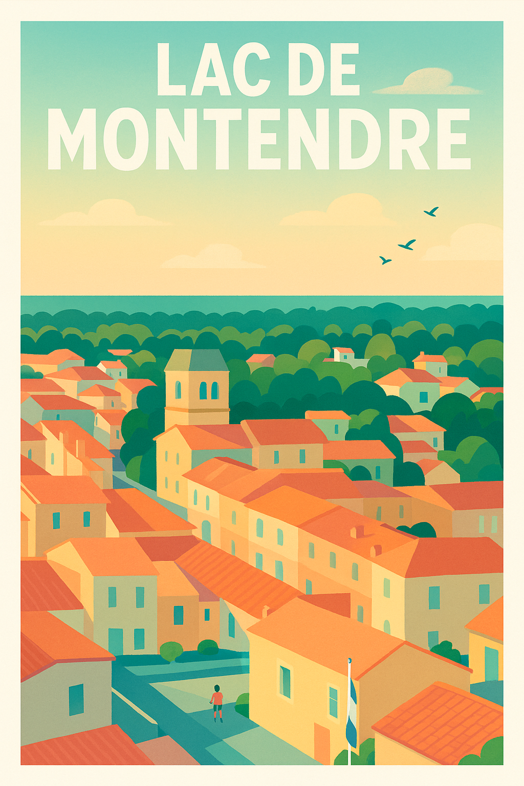 Affiche de Lac de Montendre - Évasion solaire entre pinède et toits de tuiles