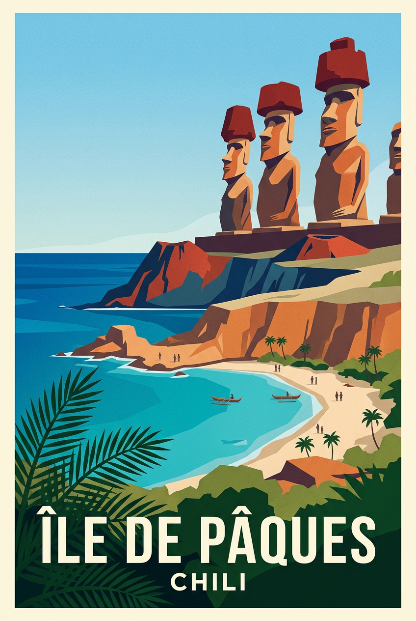 Affiche de l'Île de Pâques, statues Moaï du Chili | Afich