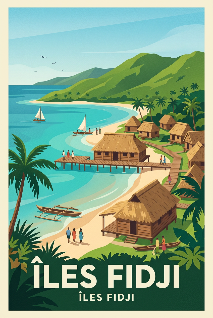 Affiche des Îles Fidji, village et pirogues | Afich