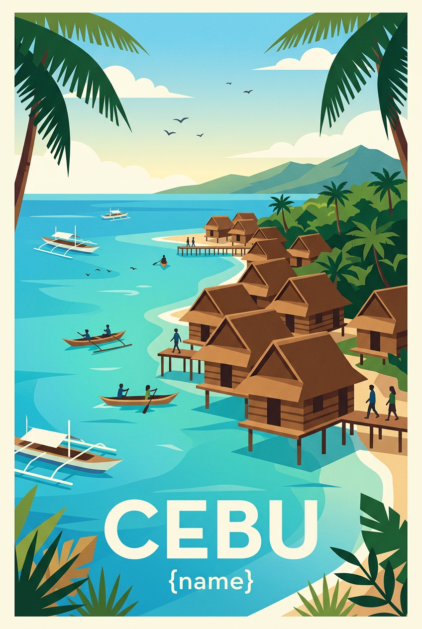 Affiche de Cebu, maisons sur pilotis aux Philippines